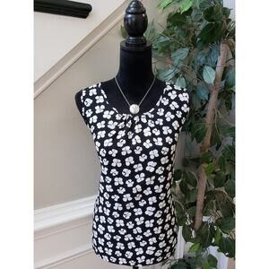 Anne Klein Tank Top Women's M Black White Floral Pleated Sleeveless Round Neck
